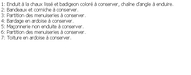 Zone de Texte: 1: Enduit  la chaux liss et badigeon color  conserver, chane dangle  enduire.2: Bandeaux et corniche  conserver.3: Partition des menuiseries  conserver.4: Bardage en ardoise  conserver.5: Maonnerie non enduite  conserver.6: Partition des menuiseries  conserver.7: Toiture en ardoise  conserver.