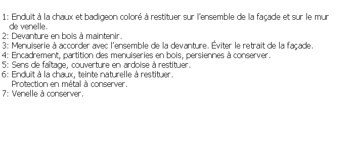 Zone de Texte: 1: Enduit  la chaux et badigeon color  restituer sur lensemble de la faade et sur le mur    de venelle.2: Devanture en bois  maintenir.3: Menuiserie  accorder avec lensemble de la devanture. viter le retrait de la faade.4: Encadrement, partition des menuiseries en bois, persiennes  conserver.5: Sens de fatage, couverture en ardoise  restituer. 6: Enduit  la chaux, teinte naturelle  restituer.    Protection en mtal  conserver.7: Venelle  conserver.