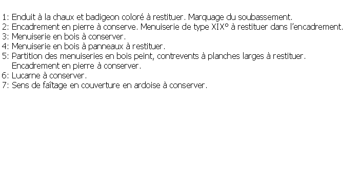 Zone de Texte: 1: Enduit  la chaux et badigeon color  restituer. Marquage du soubassement.2: Encadrement en pierre  conserve. Menuiserie de type XIX  restituer dans lencadrement.3: Menuiserie en bois  conserver.4: Menuiserie en bois  panneaux  restituer.5: Partition des menuiseries en bois peint, contrevents  planches larges  restituer.    Encadrement en pierre  conserver.6: Lucarne  conserver.7: Sens de fatage en couverture en ardoise  conserver.