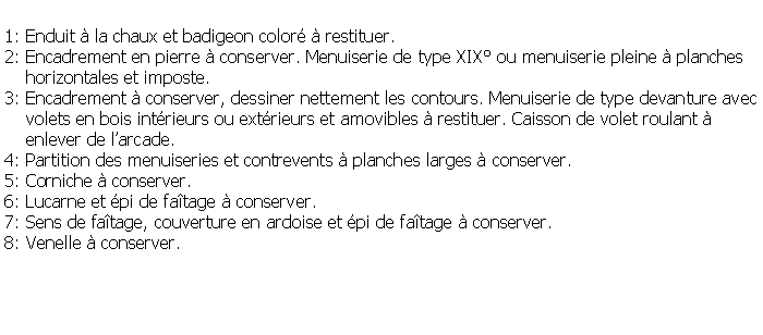 Zone de Texte: 1: Enduit  la chaux et badigeon color  restituer. 2: Encadrement en pierre  conserver. Menuiserie de type XIX ou menuiserie pleine  planches     horizontales et imposte.3: Encadrement  conserver, dessiner nettement les contours. Menuiserie de type devanture avec    volets en bois intrieurs ou extrieurs et amovibles  restituer. Caisson de volet roulant      enlever de larcade.4: Partition des menuiseries et contrevents  planches larges  conserver.5: Corniche  conserver.6: Lucarne et pi de fatage  conserver.7: Sens de fatage, couverture en ardoise et pi de fatage  conserver.8: Venelle  conserver.