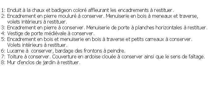 Zone de Texte: 1: Enduit  la chaux et badigeon color affleurant les encadrements  restituer.2: Encadrement en pierre moulur  conserver. Menuiserie en bois  meneaux et traverse,     volets intrieurs  restituer.3: Encadrement en pierre  conserver. Menuiserie de porte  planches horizontales  restituer.4: Vestige de porte mdivale  conserver.5: Encadrement en bois et menuiserie en bois  traverse et petits carreaux  conserver.    Volets intrieurs  restituer.6: Lucarne   conserver, bardage des frontons  peindre.7: Toiture  conserver. Couverture en ardoise cloue  conserver ainsi que le sens de fatage.8: Mur denclos de jardin  restituer.