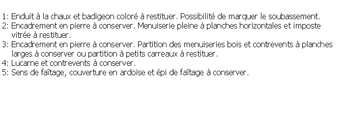 Zone de Texte: 1: Enduit  la chaux et badigeon color  restituer. Possibilit de marquer le soubassement.2: Encadrement en pierre  conserver. Menuiserie pleine  planches horizontales et imposte     vitre  restituer.3: Encadrement en pierre  conserver. Partition des menuiseries bois et contrevents  planches    larges  conserver ou partition  petits carreaux  restituer.4: Lucarne et contrevents  conserver.5: Sens de fatage, couverture en ardoise et pi de fatage  conserver.