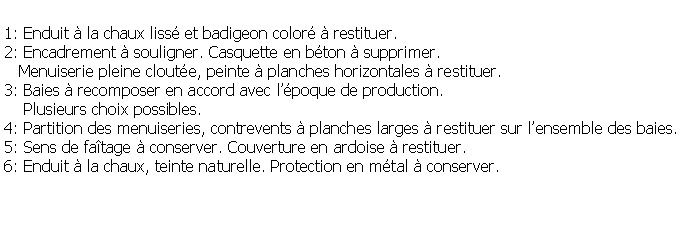 Zone de Texte: 1: Enduit  la chaux liss et badigeon color  restituer.2: Encadrement  souligner. Casquette en bton  supprimer.   Menuiserie pleine cloute, peinte  planches horizontales  restituer.3: Baies  recomposer en accord avec lpoque de production.     Plusieurs choix possibles.4: Partition des menuiseries, contrevents  planches larges  restituer sur lensemble des baies.5: Sens de fatage  conserver. Couverture en ardoise  restituer.6: Enduit  la chaux, teinte naturelle. Protection en mtal  conserver.