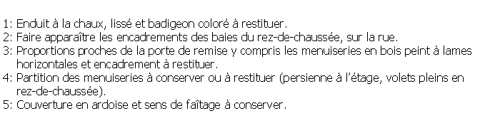 Zone de Texte: 1: Enduit  la chaux, liss et badigeon color  restituer.2: Faire apparatre les encadrements des baies du rez-de-chausse, sur la rue.3: Proportions proches de la porte de remise y compris les menuiseries en bois peint  lames    horizontales et encadrement  restituer.4: Partition des menuiseries  conserver ou  restituer (persienne  ltage, volets pleins en    rez-de-chausse).5: Couverture en ardoise et sens de fatage  conserver.