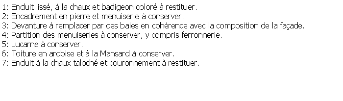 Zone de Texte: 1: Enduit liss,  la chaux et badigeon color  restituer.2: Encadrement en pierre et menuiserie  conserver.3: Devanture  remplacer par des baies en cohrence avec la composition de la faade.4: Partition des menuiseries  conserver, y compris ferronnerie.5: Lucarne  conserver.6: Toiture en ardoise et  la Mansard  conserver.7: Enduit  la chaux taloch et couronnement  restituer.