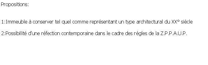 Zone de Texte: Propositions:1:Immeuble  conserver tel quel comme reprsentant un type architectural du XX sicle2:Possibilit dune rfection contemporaine dans le cadre des rgles de la Z.P.P.A.U.P.