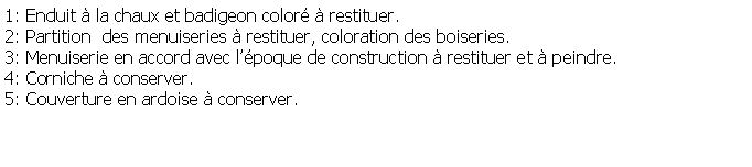 Zone de Texte: 1: Enduit  la chaux et badigeon color  restituer.2: Partition  des menuiseries  restituer, coloration des boiseries.3: Menuiserie en accord avec lpoque de construction  restituer et  peindre.4: Corniche  conserver.5: Couverture en ardoise  conserver.