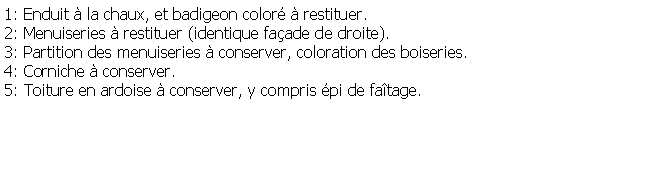 Zone de Texte: 1: Enduit  la chaux, et badigeon color  restituer.2: Menuiseries  restituer (identique faade de droite).3: Partition des menuiseries  conserver, coloration des boiseries.4: Corniche  conserver.5: Toiture en ardoise  conserver, y compris pi de fatage.