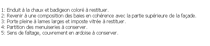 Zone de Texte: 1: Enduit  la chaux et badigeon color  restituer.2: Revenir  une composition des baies en cohrence avec la partie suprieure de la faade.3: Porte pleine  lames larges et imposte vitre  restituer.4: Partition des menuiseries  conserver.5: Sens de fatage, couvrement en ardoise  conserver.