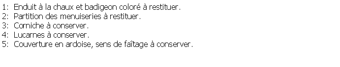 Zone de Texte: 1:  Enduit  la chaux et badigeon color  restituer.2:  Partition des menuiseries  restituer.3:  Corniche  conserver.4:  Lucarnes  conserver.5:  Couverture en ardoise, sens de fatage  conserver.