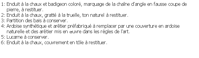 Zone de Texte: 1: Enduit  la chaux et badigeon color, marquage de la chane dangle en fausse coupe de     pierre,  restituer.2: Enduit  la chaux, gratt  la truelle, ton naturel  restituer.3: Partition des bais  conserver.4: Ardoise synthtique et artier prfabriqu  remplacer par une couverture en ardoise    naturelle et des artier mis en uvre dans les rgles de lart.5: Lucarne  conserver.6: Enduit  la chaux, couvrement en tle  restituer.